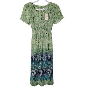 Coldwater Creek boho tie-dye smocked green midi dress size 6 Petite NEW